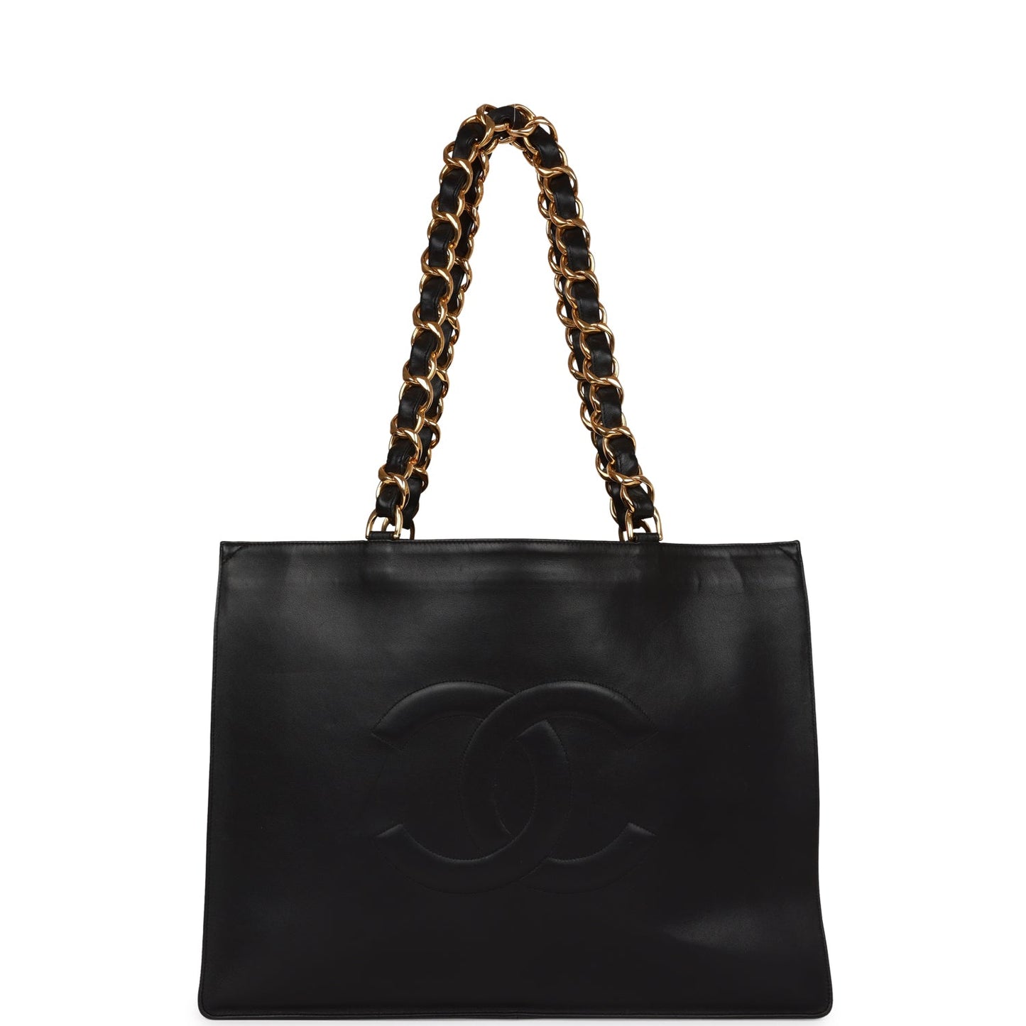 Chanel Vintage CC Chain Shopping Tote Bag Black Lambskin Gold Hardware