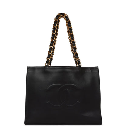 Chanel Vintage CC Chain Shopping Tote Bag Black Lambskin Gold Hardware