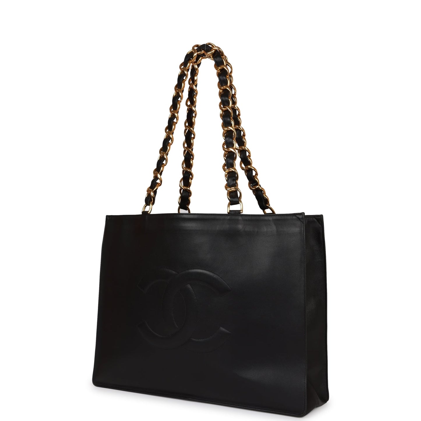 Chanel Vintage CC Chain Shopping Tote Bag Black Lambskin Gold Hardware