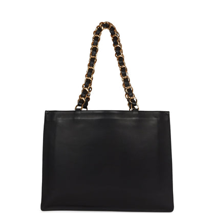 Chanel Vintage CC Chain Shopping Tote Bag Black Lambskin Gold Hardware
