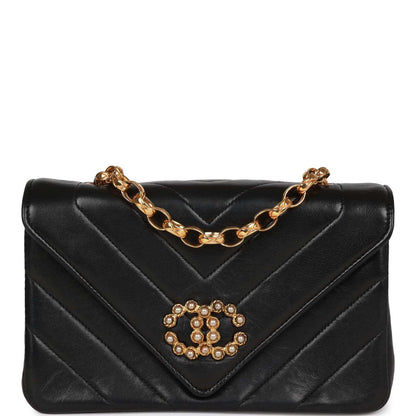Chanel Vintage Faux Pearl Coco Bijou Mini Flap Bag Black Lambskin Gold Hardware