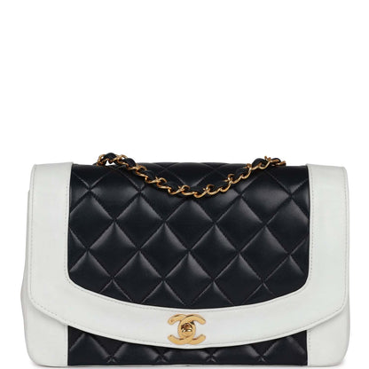Chanel Vintage Small Diana Flap Bag White and Navy Lambskin Gold Hardware
