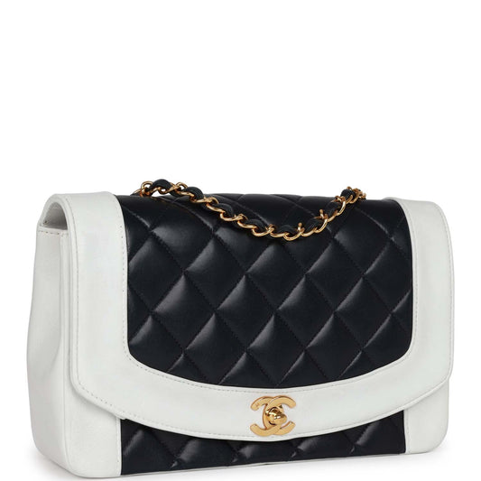 Chanel Vintage Small Diana Flap Bag White and Navy Lambskin Gold Hardware