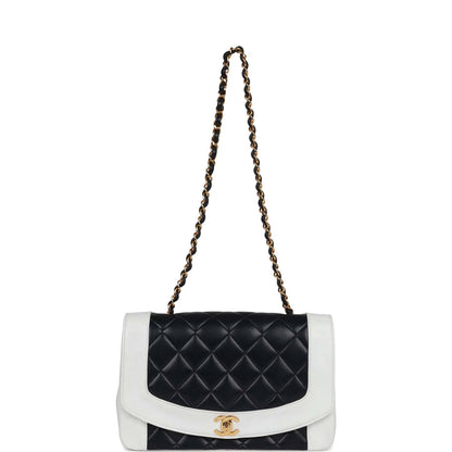 Chanel Vintage Small Diana Flap Bag White and Navy Lambskin Gold Hardware