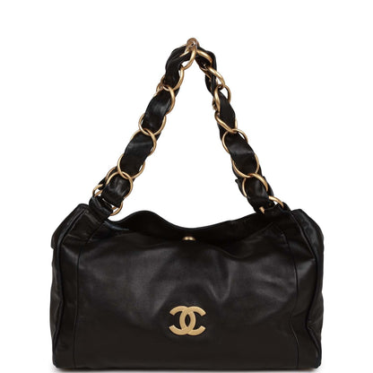 Chanel Vintage "Olsen" Hobo Shoulder Bag Black Lambskin Brushed Gold Hardware