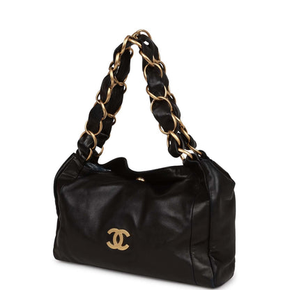 Chanel Vintage "Olsen" Hobo Shoulder Bag Black Lambskin Brushed Gold Hardware