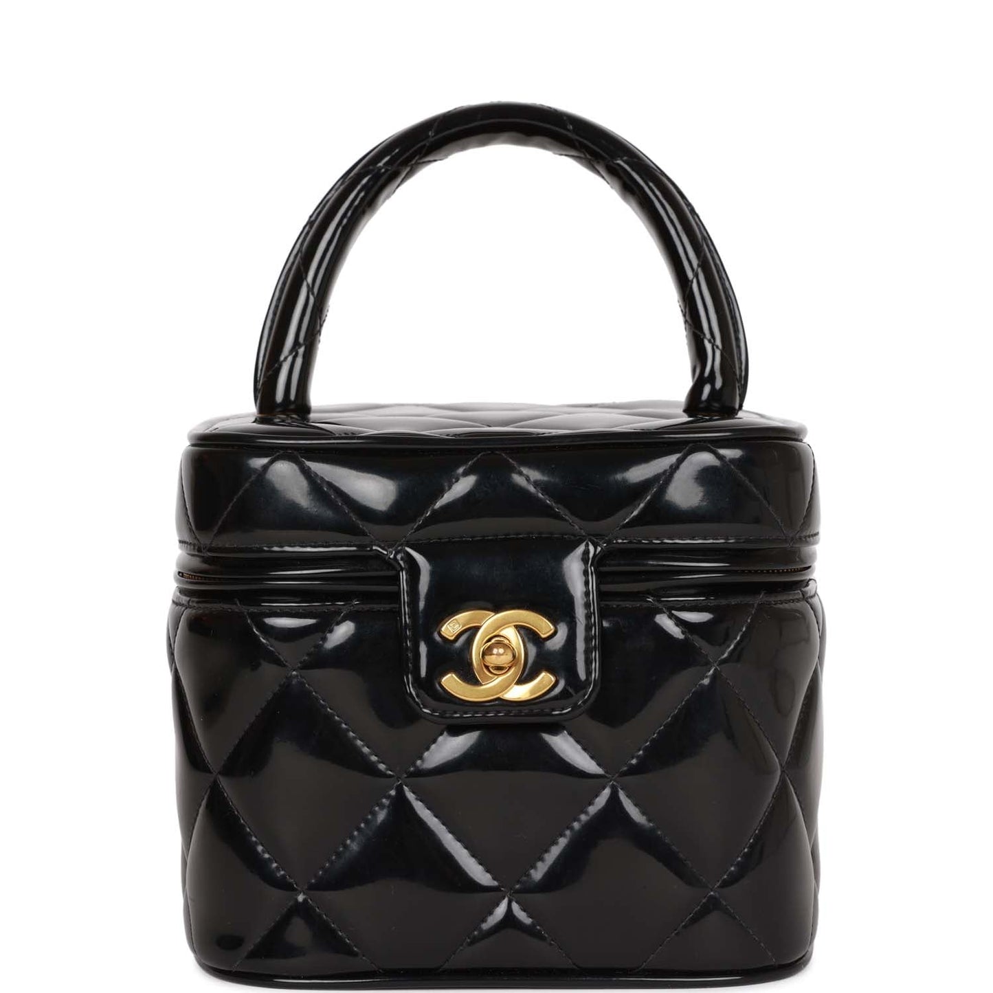 Chanel Vintage Vanity Heart Mirror Bag Black Patent Gold Hardware