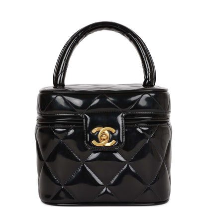 Chanel Vintage Vanity Heart Mirror Bag Black Patent Gold Hardware