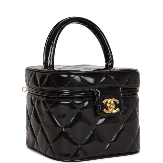 Chanel Vintage Vanity Heart Mirror Bag Black Patent Gold Hardware