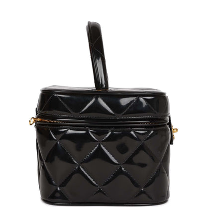 Chanel Vintage Vanity Heart Mirror Bag Black Patent Gold Hardware