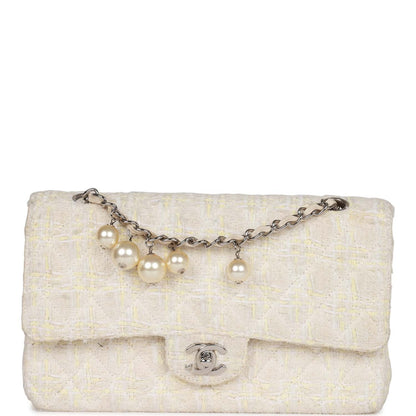 Chanel Vintage Medium Double Flap Bag White Tweed Silver Hardware
