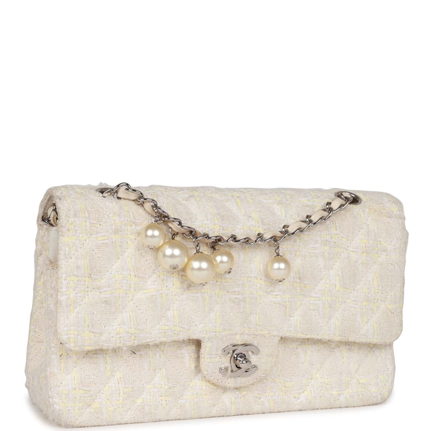 Chanel Vintage Medium Double Flap Bag White Tweed Silver Hardware