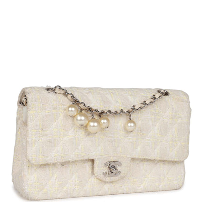 Chanel Vintage Medium Double Flap Bag White Tweed Silver Hardware