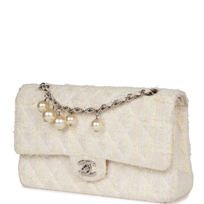 Chanel Vintage Medium Double Flap Bag White Tweed Silver Hardware