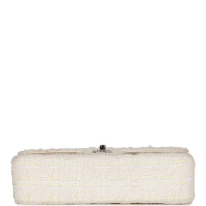Chanel Vintage Medium Double Flap Bag White Tweed Silver Hardware