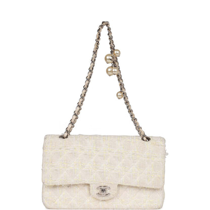 Chanel Vintage Medium Double Flap Bag White Tweed Silver Hardware