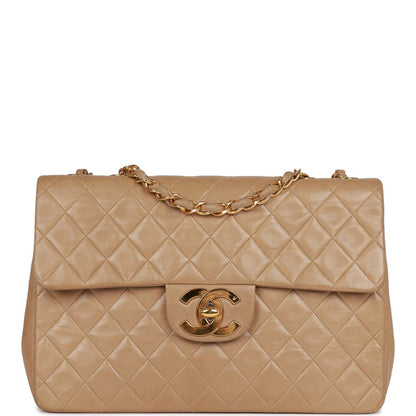 Chanel Vintage XL Maxi Flap Bag Beige Lambskin Gold Hardware