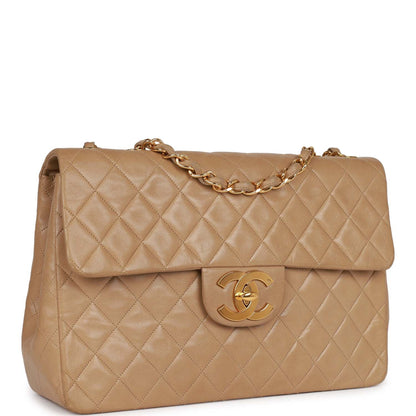 Chanel Vintage XL Maxi Flap Bag Beige Lambskin Gold Hardware