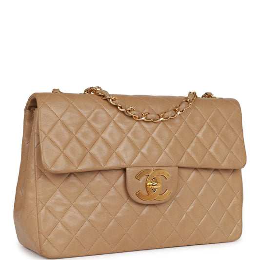 Chanel Vintage XL Maxi Flap Bag Beige Lambskin Gold Hardware