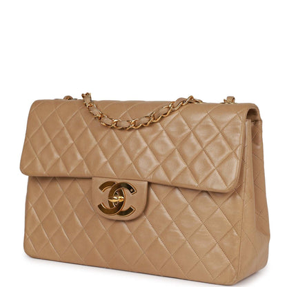 Chanel Vintage XL Maxi Flap Bag Beige Lambskin Gold Hardware