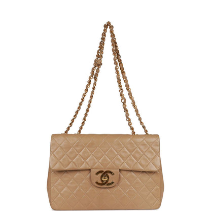 Chanel Vintage XL Maxi Flap Bag Beige Lambskin Gold Hardware