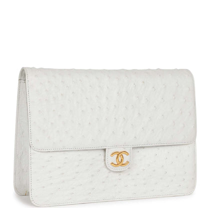 Chanel Vintage Single Flap Bag White Ostrich Gold Hardware