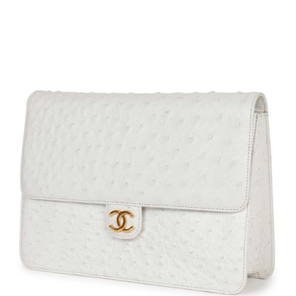 Chanel Vintage Single Flap Bag White Ostrich Gold Hardware