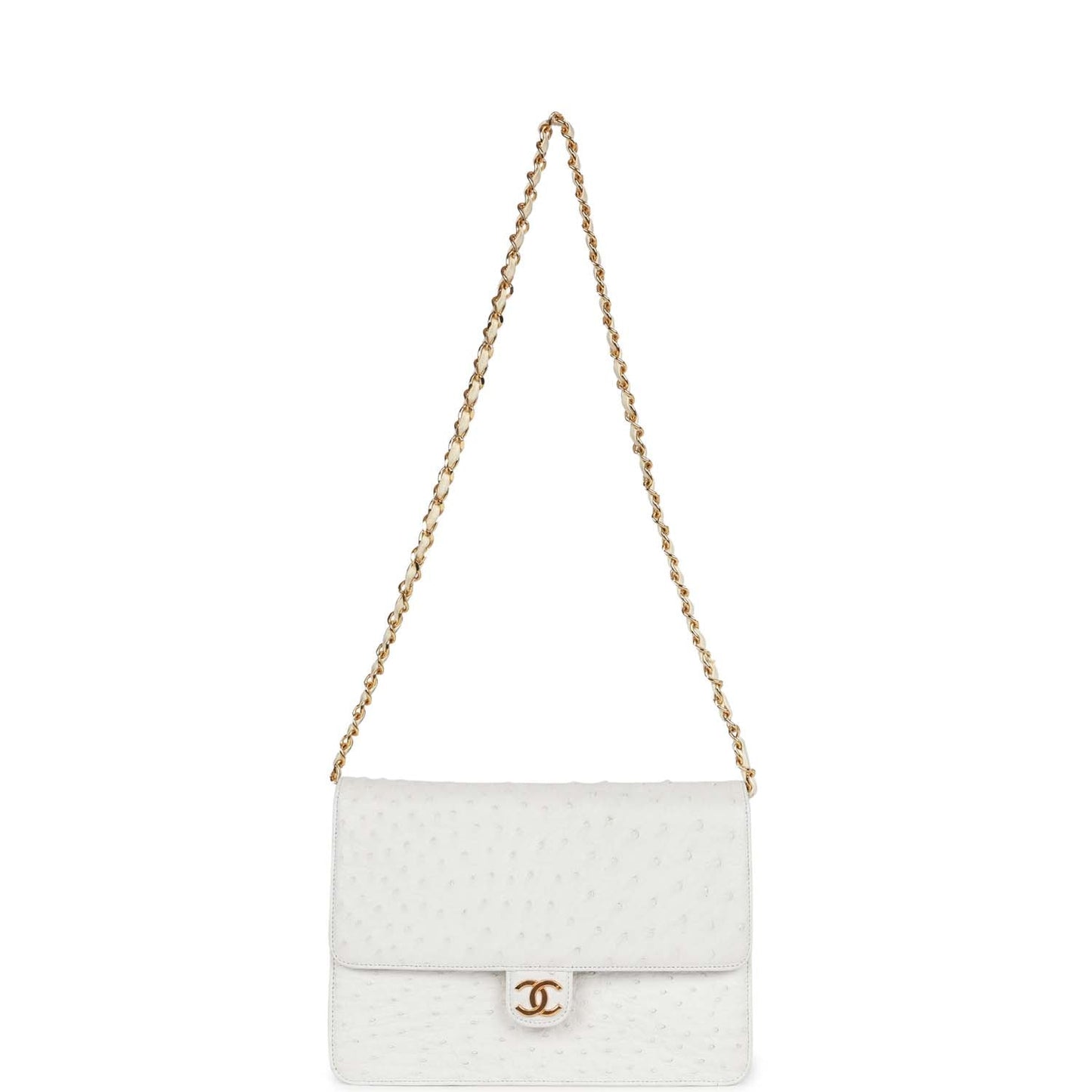 Chanel Vintage Single Flap Bag White Ostrich Gold Hardware