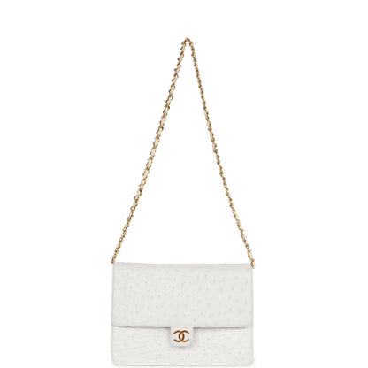 Chanel Vintage Single Flap Bag White Ostrich Gold Hardware