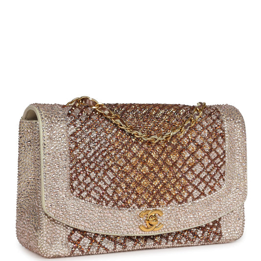 Custom Swarovski Crystal Chanel Vintage Medium Diana Flap Bag Beige Lambskin Gold Hardware