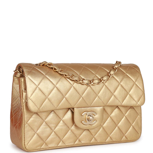 Chanel Vintage Small Classic Double Flap Bag Gold Metallic Lambskin Gold Hardware