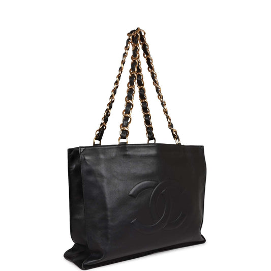 Chanel Vintage CC Chain Shopping Tote Bag Black Lambskin Gold Hardware