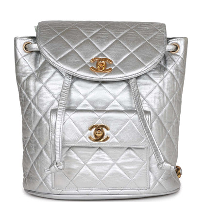 Chanel Vintage Duma Backpack Silver Metallic Lambskin Gold Hardware