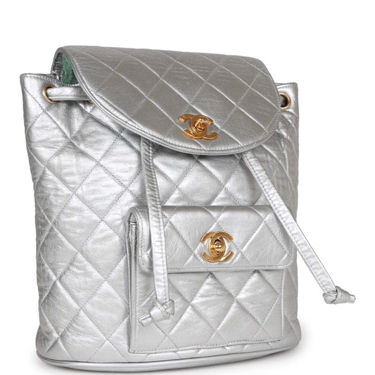 Chanel Vintage Duma Backpack Silver Metallic Lambskin Gold Hardware