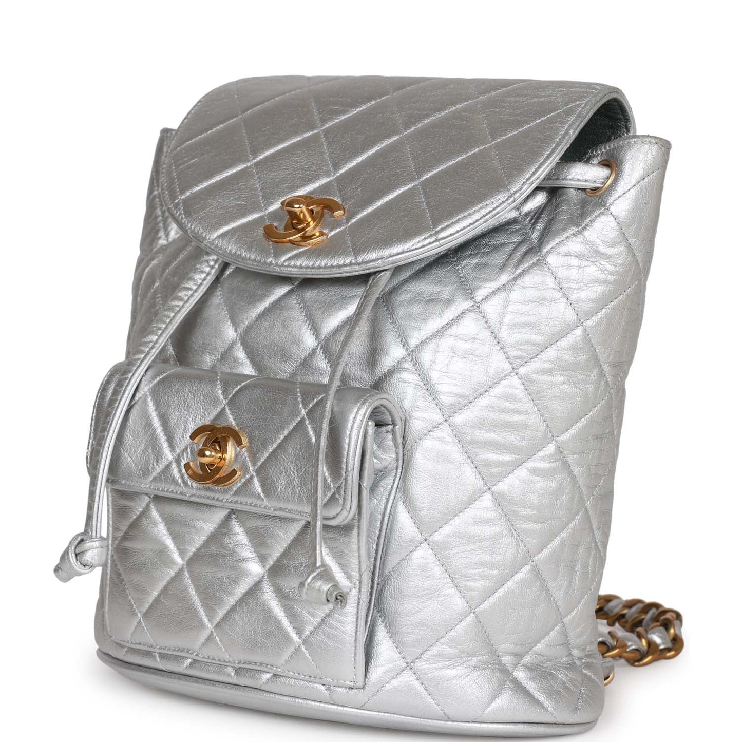 Chanel Vintage Duma Backpack Silver Metallic Lambskin Gold Hardware