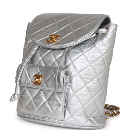 Chanel Vintage Duma Backpack Silver Metallic Lambskin Gold Hardware