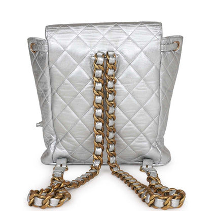 Chanel Vintage Duma Backpack Silver Metallic Lambskin Gold Hardware