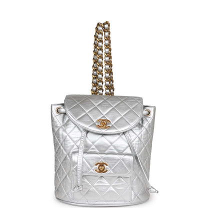Chanel Vintage Duma Backpack Silver Metallic Lambskin Gold Hardware