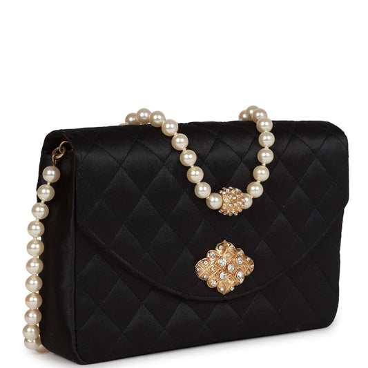 Chanel Vintage Gripoix Pearl Chain Bag Black Satin Gold Hardware