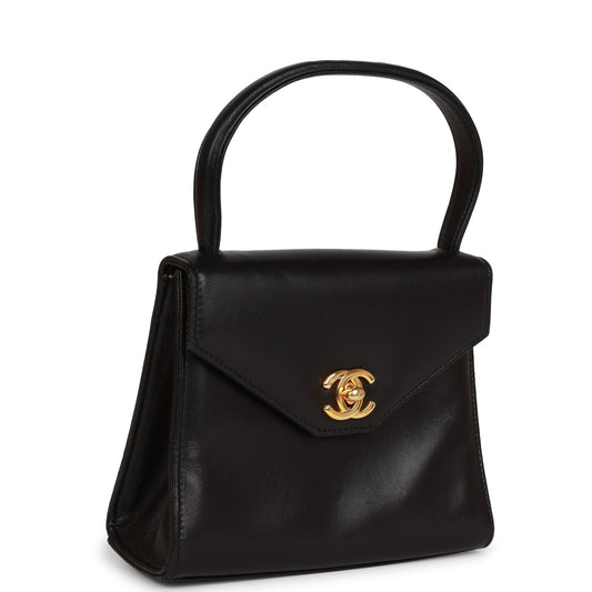 Chanel Vintage Flap Bag with Top Handle Black Lambskin Gold Hardware