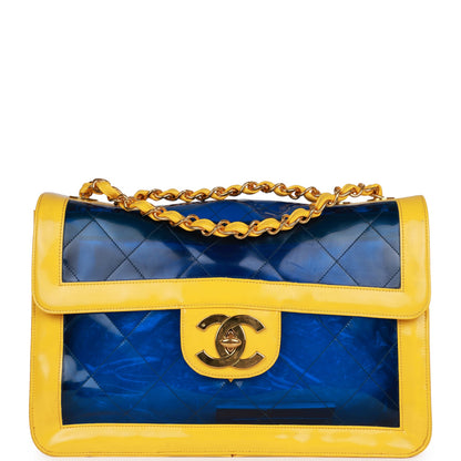 Chanel Vintage Maxi Flap Bag Yellow/Blue Quilted Patent Leather Gold Hardware