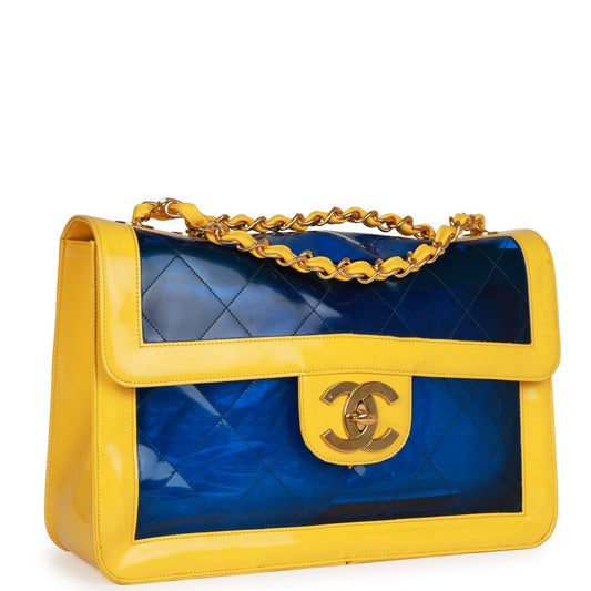 Chanel Vintage Maxi Flap Bag Yellow/Blue Quilted Patent Leather Gold Hardware