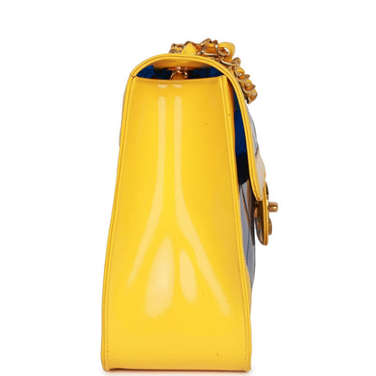 Chanel Vintage Maxi Flap Bag Yellow/Blue Quilted Patent Leather Gold Hardware