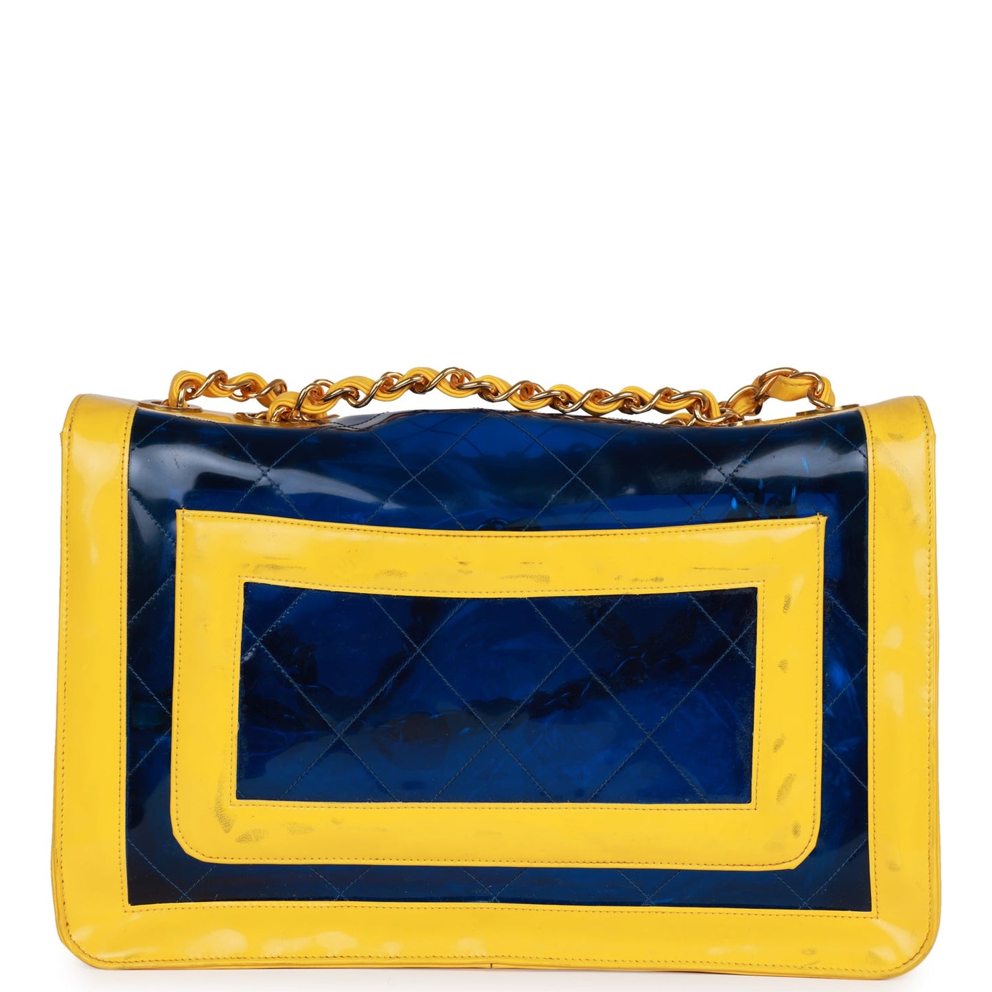 Chanel Vintage Maxi Flap Bag Yellow/Blue Quilted Patent Leather Gold Hardware