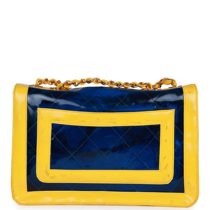 Chanel Vintage Maxi Flap Bag Yellow/Blue Quilted Patent Leather Gold Hardware