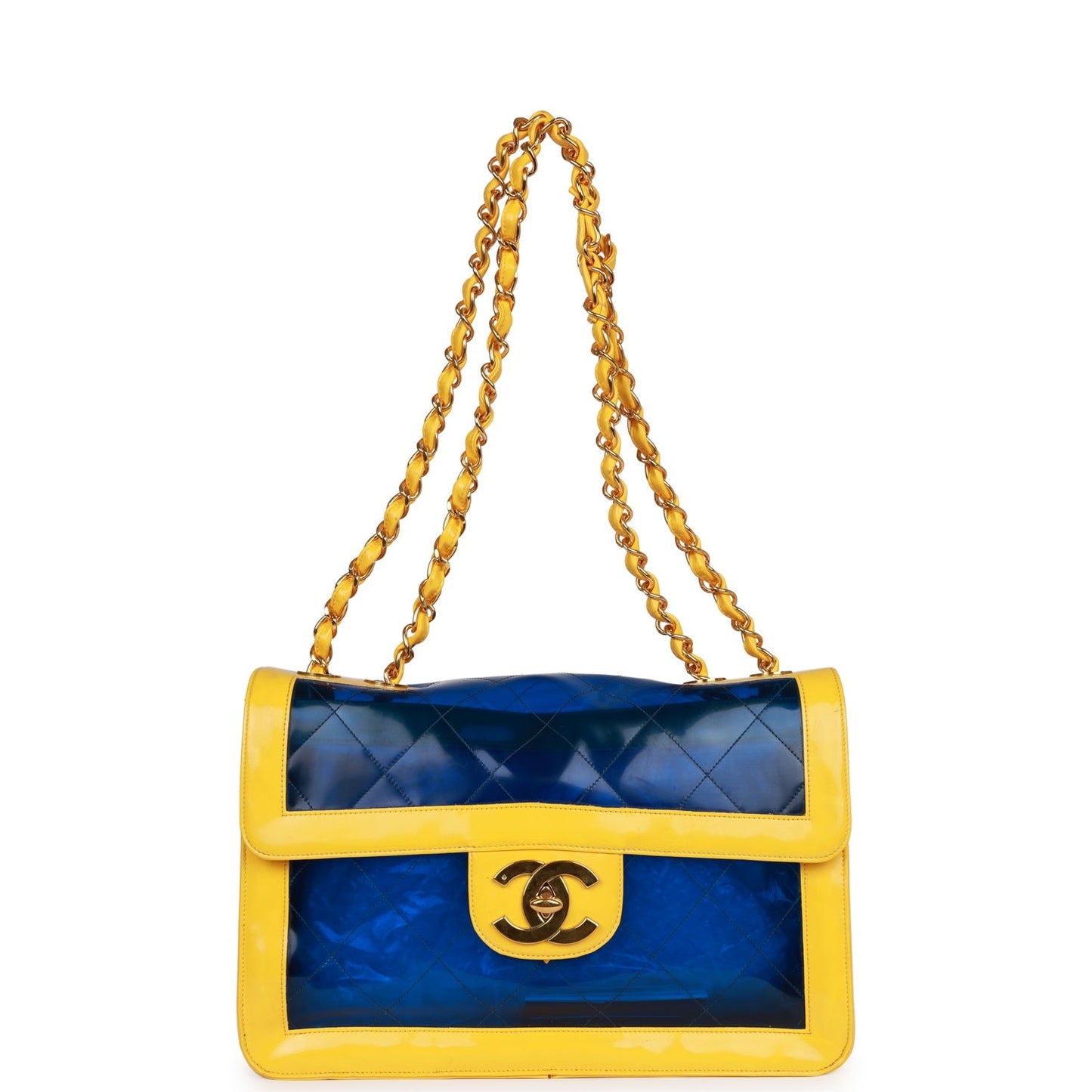 Chanel Vintage Maxi Flap Bag Yellow/Blue Quilted Patent Leather Gold Hardware