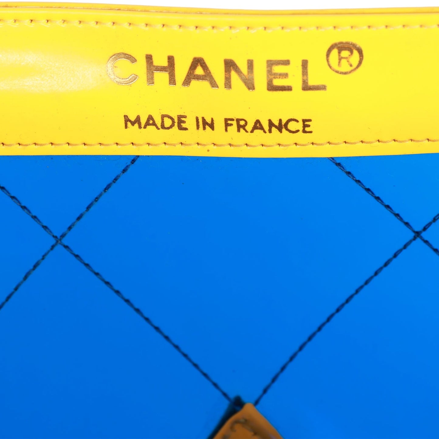 Chanel Vintage Maxi Flap Bag Yellow/Blue Quilted Patent Leather Gold Hardware