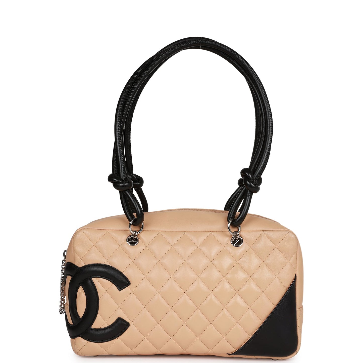 Chanel Vintage Cambon Bowler Bag Beige and Black Calfskin Silver Hardware