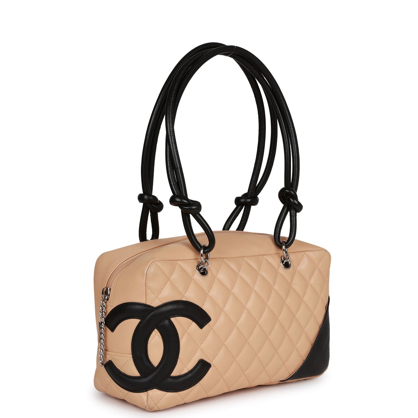 Chanel Vintage Cambon Bowler Bag Beige and Black Calfskin Silver Hardware