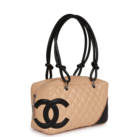 Chanel Vintage Cambon Bowler Bag Beige and Black Calfskin Silver Hardware